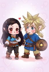 Rule 34 | 1boy, 1girl, belt, black hair, blonde hair, blue eyes, blush, boots, breasts, brown footwear, chibi, cloud strife, cosplay, couple, final fantasy, final fantasy vii, fingerless gloves, full body, gloves, hair ornament, hairclip, heart, highres, holding, holding shield, link, link (cosplay), long hair, long sleeves, low ponytail, medium breasts, multiple belts, nintendo, pointy ears, ponytail, princess zelda, princess zelda (cosplay), red eyes, shield, shirt, spiked hair, square enix, the legend of zelda, the legend of zelda: breath of the wild, tifa lockhart, tomtom, tunic