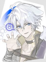 1boy animal_ears antenna_hair black_choker black_shirt blue_eyes choker claw_pose commentary dkdk2 dog_boy dog_ears dog_tail heart highres honkai:_star_rail honkai_(series) looking_at_viewer male_focus neck_tattoo phainon_(honkai:_star_rail) shirt short_hair smile solo spoken_heart sun_symbol sun_tattoo tail tan tattoo white_hair