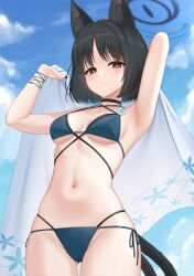 1girl absurdres animal_ear_fluff animal_ears arms_up bikini black_choker black_hair black_nails blue_archive blue_bikini blue_sky breasts brown_eyes cat_ears cat_tail choker cloud day highres holding holding_towel kikyou_(blue_archive) kikyou_(swimsuit)_(blue_archive) kurisu-kun medium_breasts navel outdoors parted_lips sky solo stomach swimsuit tail towel