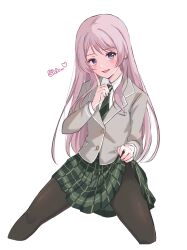 Rule 34 | 1girl, bang dream!, bang dream! it&#039;s mygo!!!!!, black pantyhose, blush, chihaya anon, clothes lift, collared shirt, commentary, diagonal-striped clothes, diagonal-striped necktie, fang, green necktie, green skirt, grey jacket, hashtag-only commentary, highres, index finger raised, jacket, lifting own clothes, long hair, long sleeves, looking at viewer, necktie, open mouth, pantyhose, pink hair, plaid clothes, plaid skirt, pleated skirt, ppora, shirt, simple background, skirt, skirt lift, solo, striped clothes, white background, white shirt