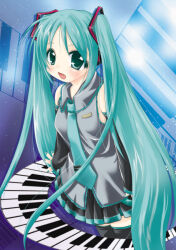 1girl 2000s_(style) black_skirt black_sleeves black_thighhighs blue_background blue_eyes blue_hair blue_necktie blush breasts collared_shirt commentary_request cowboy_shot detached_sleeves fujii_ryou grey_shirt hair_ornament hatsune_miku headphones long_hair long_sleeves looking_at_viewer medium_breasts miniskirt necktie open_mouth piano_keys pleated_skirt shirt skirt sleeveless sleeveless_shirt solo thighhighs tie_clip twintails very_long_hair vocaloid