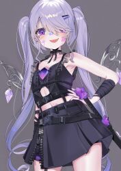 1girl absurdres bandaid bandaid_on_cheek bandaid_on_face bandaid_on_nose black_nails black_shirt black_skirt blush castellayaki chest_jewel collar detached_collar frilled_collar frilled_shirt frills gem grey_background grey_hair hair_ornament hairpin hand_jewel hand_on_own_hip highres hololive hololive_english jewel_under_eye koseki_bijou koseki_bijou_(casual) long_hair metal_wings nail_polish official_alternate_costume official_alternate_hairstyle open_mouth purple_eyes purple_gemstone purple_nails shirt simple_background skirt smile solo tomato_(sword) twintails very_long_hair virtual_youtuber