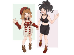 Rule 34 | 2girls, :d, absurdres, an-an lee, ankle boots, bare arms, bare shoulders, beret, black choker, black hair, black skirt, black tank top, boots, brown boots, brown eyes, brown hair, choker, fang, from above, full body, hand up, hat, headphones, headphones around neck, highres, holding hands, legs apart, medium hair, midriff, miniskirt, multiple girls, navel, official alternate costume, open mouth, pale laomo, pencil skirt, ponytail, rectangle, red arm warmers, red boots, red hat, red scarf, red shirt, regulus (pizza hut) (reverse:1999), regulus (reverse:1999), reverse:1999, scarf, shirt, short hair, skin fang, skirt, smile, standing, strapless, strapless shirt, striped clothes, striped scarf, sweat, tank top, teeth, two-tone scarf, upper teeth only, waving, white background, white scarf, white skirt, yellow eyes, yin yang
