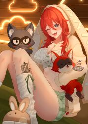 1girl absurdres ahoge animal_hood animal_slippers breasts bunny_slippers cardigan cleavage collarbone elly_(vtuber) elly_(vtuber)_(pajamas) green_eyes hair_between_eyes highres hood indie_virtual_youtuber jewelry leg_tattoo long_hair necklace one_eye_closed open_cardigan open_clothes open_mouth rabbit_hood red_hair ribbed_socks shunnn0 sitting sleeves_past_fingers sleeves_past_wrists slippers socks tattoo twitter_username virtual_youtuber white_cardigan white_socks