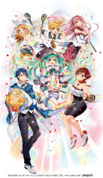 2boys 4girls aqua_eyes arms_up artist_name asymmetrical_gloves back_bow bare_arms bare_shoulders black_dress black_hairband black_pants black_shorts black_skirt blonde_hair blue_eyes blue_flower blue_hair blue_nails blue_scarf boots bouquet bow bow_choker bow_hairband bowtie breasts brown_eyes brown_hair choker cleavage closed_mouth company_name copyright_notice detached_sleeves dress elbow_gloves english_text falling_petals floating_clothes floating_hair floating_neckwear floating_scarf flower footwear_bow formal_clothes full_body gloves green_bow green_bowtie green_hair hair_flower hair_ornament hairband hairclip hand_up hands_up hatsune_miku holding holding_bouquet holding_microphone holding_wand invisible_chair jacket kagamine_rin kaito_(vocaloid) long_hair looking_at_viewer looking_back magical_mirai_(vocaloid) magical_mirai_kaito magical_mirai_kaito_(2017) magical_mirai_len magical_mirai_len_(2017) magical_mirai_luka magical_mirai_luka_(2017) magical_mirai_meiko magical_mirai_meiko_(2017) magical_mirai_miku magical_mirai_miku_(2017) magical_mirai_rin magical_mirai_rin_(2017) meiko_(vocaloid) microphone microphone_wand midriff midriff_peek multiple_boys multiple_girls murakami_yuichi neck_ribbon neckerchief necktie official_alternate_costume official_art one_eye_closed open_mouth orange_flower orange_neckerchief orange_necktie outstretched_arm pants parted_bangs petals pink_hair pink_skirt plaid_bow plaid_bowtie plaid_clothes plaid_neckerchief plaid_necktie plaid_scarf ponytail rainbow reaching reaching_towards_viewer red_choker red_flower red_nails red_petals red_rose ribbon rose rose_petals scarf second-party_source shirt shoes short_hair short_ponytail short_shorts short_sleeves shorts single_elbow_glove single_wrist_cuff sitting skirt sleeveless sleeveless_shirt smile strapless strapless_dress suit suit_jacket thigh_boots tube_dress twintails two-sided_fabric two-sided_skirt uneven_gloves v v_over_head very_long_hair vocaloid wand white_bow white_footwear white_gloves white_shirt white_sleeves white_tailcoat wrist_cuffs yellow_flower yellow_nails yellow_necktie
