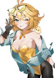 1girl ;p absurdres animal animal_on_shoulder aqua_eyes bird bird_on_shoulder black_gloves black_pantyhose blonde_hair breasts collarbone dokibird_(vtuber) dokibird_(vtuber)_(bounty_hunter) eyewear_on_head gloves highres indie_virtual_youtuber leotard medium_breasts one_eye_closed pantyhose scar scar_on_arm scar_on_breasts shiba_(iaps_1004) short_hair solo strapless strapless_leotard sunglasses tinted_eyewear tongue tongue_out v virtual_youtuber white_background yellow-tinted_eyewear yellow_leotard