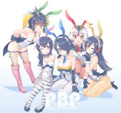 &gt;:d 10s 5girls :d :o ;d acronym adapted_costume alternate_costume animal_ears bare_shoulders bent_over boots breasts cleavage cleavage_cutout clothing_cutout collarbone commentary_request covered_navel detached_collar emperor_penguin_(kemono_friends) fake_animal_ears fishnet_legwear fishnets frilled_leotard frills fur_collar fur_trim gentoo_penguin_(kemono_friends) gloves gradient_background hair_over_one_eye headphones high_heel_boots high_heels highleg highleg_leotard humboldt_penguin_(kemono_friends) kemono_friends knee_boots kneeling leotard long_hair medium_breasts multiple_girls naka_akira necktie one_eye_closed open_mouth pantyhose penguins_performance_project_(kemono_friends) pink_boots pink_legwear playboy_bunny rabbit_ears rockhopper_penguin_(kemono_friends) royal_penguin_(kemono_friends) seiza short_hair sitting small_breasts smile striped_clothes striped_legwear striped_pantyhose thighhighs v-shaped_eyebrows white_legwear yawning yellow_legwear