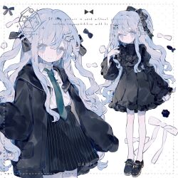 1girl black_dress black_jacket black_skirt bow collared_shirt dress full_body hair_bow hair_ornament highres jacket long_hair long_sleeves memuro multiple_views necktie original puffy_sleeves purple_eyes purple_hair sample_watermark shirt shoes skirt sleeves_past_wrists standing very_long_hair watermark wavy_hair white_background