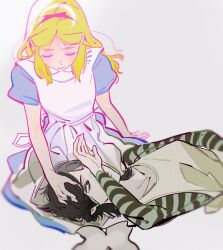 2girls alice:_madness_returns alice_(alice_in_wonderland) alice_in_wonderland alice_liddell_(american_mcgee&#039;s_alice) american_mcgee&#039;s_alice apron black_hair blonde_hair closed_eyes crying dress green_eyes hair_ribbon highres long_hair multiple_girls pankepen ribbon simple_background smile streaming_tears tears white_apron