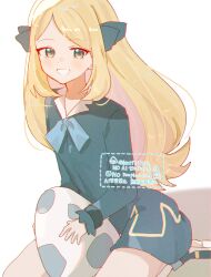 1girl :d black_dress black_ribbon blonde_hair cynthia_(pokemon) dress egg hair_ribbon highres kuritiizu long_hair long_sleeves looking_at_viewer nintendo open_mouth pokemon pokemon_(anime) pokemon_egg pokemon_journeys ribbon seiza sitting smile solo white_background
