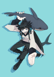 1girl artemis_of_the_blue atelier_live billyonthestraw black_footwear black_hair black_pants black_ribbon blue_background blue_eyes blue_nails blue_tongue collared_shirt colored_tongue drop_shadow fins fish_tail full_body hair_ribbon highres holding holding_stuffed_toy hood hood_down hoodie ikea_shark long_sleeves mole mole_under_eye pants ponytail ribbon shark shark_fin shark_girl shark_tail sharp_teeth shirt stuffed_animal stuffed_shark stuffed_toy tail teeth thigh_strap virtual_youtuber white_hoodie wide_sleeves