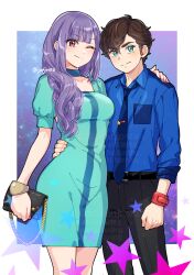 1boy 1girl alternate_hairstyle black_pants blue_necktie blue_shirt breasts dress green_dress green_eyes gundam gundam_zz hand_on_another&#039;s_shoulder highres judau_ashta junjonta looking_at_viewer necktie pants purple_hair red_eyes red_nails roux_louka shirt smile watermark