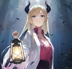 1girl aqua_eyes bat_tattoo bat_wings blonde_hair breast_tattoo breasts chest_tattoo cleavage closed_mouth commentary_request demon_horns frilled_shirt frills gradient_hair holding holding_lantern hololive horns jacket lantern large_breasts long_hair looking_at_viewer looking_down maro2ki3 multicolored_hair open_clothes open_jacket pink_hair pink_shirt shirt single_sidelock smile solo tattoo upper_body virtual_youtuber wings yuzuki_choco yuzuki_choco_(1st_costume)