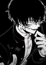 1boy black_background black_hair black_jacket blood blood_on_face greyscale hands_up highres jacket katagiri_yuuichi long_hair monochrome open_mouth school_uniform scratching_cheek shirt simple_background smile solo tomodachi_game upper_body white_shirt yuki_(kagamine-yuki)