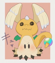 Rule 34 | animal focus, artist name, black eyes, blush, border, cosplay, dragonite, dragonite (cosplay), full body, gen 1 pokemon, gen 7 pokemon, grey border, looking at viewer, mega dragonite, mimikyu, nintendo, no humans, outside border, pokemon, pokemon (creature), red background, rento, signature, simple background, solid oval eyes, solo, straight-on, twitter username, v-shaped eyebrows