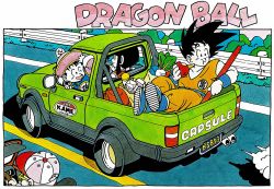 1girl 3boys :d apple bag baseball_cap black_eyes black_hair blue_footwear boots border bush chi-chi_(dragon_ball) closed_mouth clothes_writing collarbone commentary copyright_name crossed_ankles dougi dragon_ball dragon_ball_(object) dragonball_z driving eating elbow_rest facial_hair facing_away family father_and_son food from_above fruit full_body glasses grass guard_rail hand_on_headwear happy hat highres highway holding holding_food leaning leaning_forward license_plate looking_afar looking_at_another looking_back messy_hair mother_and_son motor_vehicle multiple_boys mustache muten_roushi ruyi_jingu_bang official_art open_mouth outdoors pickup_truck pink_headwear ponytail profile radish rear-view_mirror sidelocks sitting smile smoke son_gohan son_goku sunglasses toriyama_akira truck vegetable white_border wristband yellow-framed_eyewear