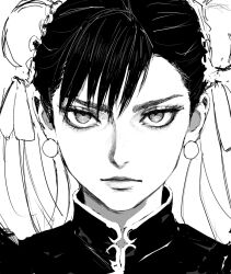 Rule 34 | 1girl, black hair, bow, bun cover, capcom, china dress, chinese clothes, chun-li, double bun, dress, earrings, grey eyes, greyscale, hair bow, hair bun, inoitoh, jewelry, light frown, looking at viewer, monochrome, portrait, simple background, solo, street fighter, upper body, v-shaped eyebrows, white background