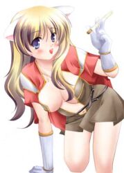 1girl 2000s_(style) animal_ears ayase_mai_(jelly^2_fish) blonde_hair blue_eyes blush breasts brown_dress cape cat_ears cat_girl commentary_request corked_bottle creator_(ragnarok_online) dress full_body gloves jpeg_artifacts large_breasts long_hair looking_at_viewer lowres navel open_mouth ragnarok_online red_cape short_dress simple_background solo source_request vial white_background white_gloves