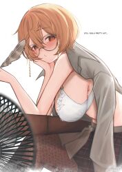 1girl absurdres blurry blurry_foreground blush bra breasts brown_eyes brown_hair clio_aite elbow_rest electric_fan english_text from_side glasses hair_between_eyes hanging_breasts head_rest highres holding holding_quill large_breasts leaning_forward looking_at_viewer midriff open_clothes open_shirt pantyhose parkiranhonda phase_connect plaid_clothes plaid_skirt puckered_lips quill short_hair sideboob simple_background sitting skirt solo underwear virtual_youtuber white_bra