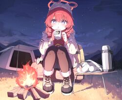 1girl black_pantyhose blue_archive blue_eyes boots campfire commentary_request cup hair_between_eyes halo highres holding holding_cup korean_commentary long_hair maki_(blue_archive) maki_(camp)_(blue_archive) mannack mug official_alternate_costume official_alternate_hairstyle open_mouth pantyhose red_hair red_halo solo tent