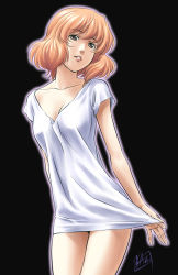 00s 1girl breasts brown_eyes brown_hair character_request cleavage clothes_pull female_focus gunparade_orchestra lips mcq nightgown shirt_pull solo