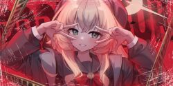 1girl black_hat black_jacket black_sailor_collar black_shirt blonde_hair blue_archive blush bow crossed_bangs double_w dvleo green_eyes grin hair_between_eyes hat highres jacket long_hair looking_at_viewer professor_niyaniya_(blue_archive) red_bow sailor_collar shirt sidelocks smile solo upper_body w