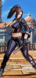 1girl animated animated_gif black_jacket black_pants breasts brown_eyes brown_hair cleavage cropped_jacket fanning_breasts fanning_self fatal_fury fatal_fury:_city_of_the_wolves female_focus folding_fan game_screenshot hand_fan holding holding_fan jacket large_breasts leather leather_jacket leather_pants long_hair matching_hair/eyes midriff navel pants ponytail shiranui_mai snk solo