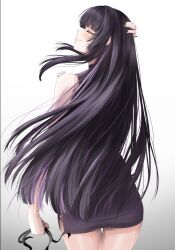 Rule 34 | 1girl, black hair, blunt bangs, blunt ends, blush, borrowed character, cerguss, closed eyes, closed mouth, commentary, contrapposto, cowboy shot, dress, english commentary, from behind, grey background, hair down, hair focus, hand on own head, holding, holding ribbon, long hair, mio (rosumini), original, purple dress, purple hair, ribbon, sidelocks, simple background, sleeveless, sleeveless dress, solo, standing