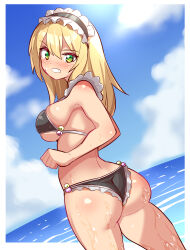 Rule 34 | 1girl, ass, bare shoulders, bikini, blonde hair, blush, breasts, cougar (cougar1404), from behind, frown, green eyes, headdress, huge ass, large breasts, long hair, looking at viewer, maid, maid bikini, maid headdress, parted lips, sideboob, solo, sweatdrop, swimsuit, unconventional maid, water, wet