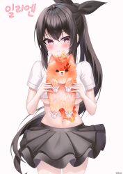 Rule 34 | 1girl, absurdres, animal, black hair, black skirt, breasts, bright pupils, carrying, closed mouth, commentary request, commission, cowboy shot, crop top, dog, frown, hair ribbon, highres, ichizon, korean commentary, layered skirt, long hair, looking at viewer, medium breasts, midriff, miniskirt, navel, original, ponytail, red eyes, ribbon, shirt, short sleeves, sidelocks, skirt, solo, standing, stomach, underboob, very long hair, white shirt