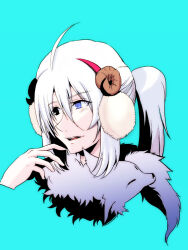 1boy ahoge animal animal_around_neck black_eyes blue_background blue_eyes brown_horns commentary_request earmuffs fox heterochromia horns long_hair male_focus open_mouth professor_(ragnarok_online) ragnarok_online simple_background solo upper_body white_hair yukimushi