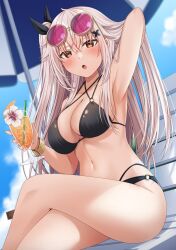 Rule 34 | 1girl, arm behind head, armpits, bikini, black bikini, black ribbon, blue sky, breasts, cloud, crossed legs, cup, day, drink, etna (kuzuyu), eyewear on head, flower, glass, hair ornament, hair ribbon, highres, holding, holding cup, komori kuzuyu, long hair, looking at viewer, medium breasts, navel, o-ring, o-ring bikini, o-ring bottom, o-ring top, one side up, open mouth, original, outdoors, parasol, red eyes, ribbon, round eyewear, sky, solo, summer, sunglasses, swimsuit, umbrella, white hair