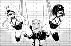 3girls :q arms_behind_back artist_name ball_gag bdsm blindfold bondage bound bound_arms box_tie breasts brick_wall chest_harness chloe_von_einzbern collar collarbone commentary commission corset covered_eyes dark-skinned_female dark_skin drooling english_commentary eudetenis fate/kaleid_liner_prisma_illya fate_(series) femdom gag gagged gloves greyscale harness highres hitachi_magic_wand illyasviel_von_einzbern incest licking_lips long_hair miyu_edelfelt monochrome multiple_girls navel nipple_piercing nipples nude piercing pussy pussy_juice saliva second-party_source sex_toy short_hair siblings slave small_breasts smile suspension thighhighs tongue tongue_out trembling twincest twins twintails v-shaped_eyebrows vibrator wiffle_gag yuri