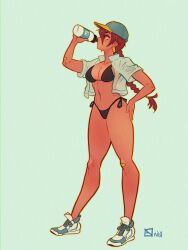 1girl aqua_background aubrey_(neal_d._anderson) bikini bikini_under_clothes black_bikini bottle breasts brown_hair cleavage drinking freckles full_body green_background hand_on_own_hip hat highres long_hair medium_breasts navel neal_d._anderson original ponytail profile shirt shoes short_sleeves simple_background solo sweat swimsuit very_long_hair wet wet_clothes white_footwear white_shirt