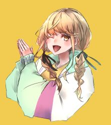 1girl ;d black_ribbon blonde_hair braid cropped_torso fang fingernails fujita_kotone gakuen_idolmaster hair_ribbon highres idolmaster jacket long_hair looking_at_viewer multicolored_jacket one_eye_closed open_mouth own_hands_together palms_together ribbon shirt simple_background skin_fang smile solo troylogon twin_braids upper_body yellow_background yellow_eyes yellow_shirt