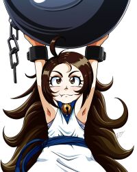 1girl :3 absurdres ahoge armpit_crease armpits arms_up ball_and_chain_(weapon) bell blush broken broken_chain brown_eyes brown_hair chain child cuffs fang handcuffs highres lady_chang long_hair looking_up shackles signature simple_background solo tedbob84 the_king_of_fighters weapon white_background