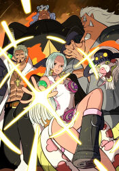 1girl 3boys aged_up apple7apo black_wings commentary cross cross_necklace dark-skinned_female dark-skinned_male dark_skin dress earrings english_commentary facial_hair holding holding_sword holding_weapon jewelry long_hair multiple_boys mustache necklace one_piece s-bear s-hawk s-shark s-snake side_slit snake snake_earrings star-shaped_pupils star_(symbol) sword symbol-shaped_pupils weapon white_dress white_hair wings