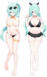 1girl absurdres alternate_costume alternate_hairstyle animal_ear_fluff animal_ears aqua_hair bare_arms bare_legs bare_shoulders barefoot bikini bikini_skirt black_bikini blue_archive blue_hair blue_halo blush breasts cat_ears cat_girl cleavage closed_mouth eyes_visible_through_hair eyewear_on_head floral_print_bikini flower hair_flower hair_ornament hair_over_one_eye halo highres hiyori_(blue_archive) hiyori_(swimsuit)_(blue_archive) large_breasts long_hair low_twintails lying navel no_shoes official_alternate_costume official_alternate_hairstyle on_back open_mouth side_ponytail sidelocks stomach sunglasses swimsuit taro_(303_taroo) thighhighs twintails white_bikini white_flower white_thighhighs wrist_cuffs