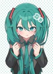 1girl :t aqua_eyes aqua_hair aqua_necktie aqua_trim black_skirt collared_shirt commentary_request dotted_background double-parted_bangs grabbing_own_hair grey_shirt hair_between_eyes hair_intakes hatsune_miku highres looking_at_viewer necktie pleated_skirt shana_deco shirt skirt solo vocaloid