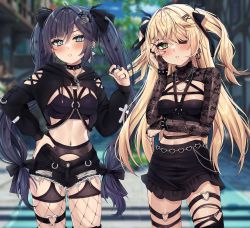 2girls absurdres alternate_costume arm_cutout arm_under_breasts belt black_bow black_hair black_nails black_shorts black_skirt blonde_hair blue_eyes blush bow bracelet breasts choker cleavage_cutout clothing_cutout cross earrings eyepatch fischl_(genshin_impact) fishnets garter_belt garter_straps genshin_impact goth_fashion green_eyes hair_bow hair_ornament hairclip hand_on_own_face hand_on_own_hip heart heart_o-ring highres jewelry looking_at_viewer medium_breasts midriff miniskirt mona_(genshin_impact) multiple_girls nail_polish navel navel_piercing necklace o-ring piercing ring short_shorts short_twintails shorts skirt spiked_bracelet spiked_choker spikes string_pull thigh_strap thighhighs torn_clothes torn_shorts twintails vitaminechan