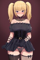 Rule 34 | 1girl, absurdres, ani (xai), asymmetrical legwear, bare shoulders, black corset, black dress, black gloves, black panties, black thighhighs, blonde hair, blush, choker, closed mouth, clothes lift, corset, cowboy shot, dress, file mei naraku, fishnet top, fishnets, gloves, highres, lace-trimmed choker, lace trim, lifting own clothes, looking at viewer, off-shoulder dress, off shoulder, panties, purple eyes, skirt, skirt lift, thighhighs, torn clothes, torn thighhighs, twintails, underwear, xai (company)
