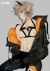 Rule 34 | 1boy, black jacket, black pants, blue eyes, blush, bra, brown hair, bulge, collarbone, cowboy shot, cupless bra, ear tag, elf, eyelashes, grey background, head tilt, highres, jacket, link, male focus, medium hair, messy hair, nintendo, nipples, pants, parted lips, pointy ears, puffy chest, puffy nipples, sidelocks, simple background, sitting, skin tight, solo, swept bangs, tamatamako01, the legend of zelda, toned, toned male, trap, underwear