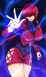 Rule 34 | 1girl, breasts, byakkun (byakkun8181), commentary, covered navel, cowboy shot, cropped jacket, dark persona, earrings, electricity, evil smile, hair over eyes, highres, jacket, jewelry, large breasts, orochi shermie, outstretched arm, red hair, red jacket, red skirt, skirt, smile, solo, the king of fighters, thighs, twintails
