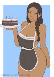 1girl absurdres apron avatar:_the_last_airbender avatar_legends blue_eyes brown_hair cake food highres kalruna katara naked_apron