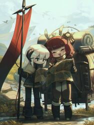 2girls :3 absurdres animal animal_on_head backpack bag banner black_gloves black_pants brown_gloves brown_pants bug closed_eyes colored_skin fantasy fur_trim gloves grey_eyes highres holding holding_banner holding_polearm holding_weapon horns lelena_(porforever) long_hair looking_at_map map multiple_girls on_head original pants polearm porforever red_hair scarf spear spider standing sunset_(porforever) weapon white_hair white_skin