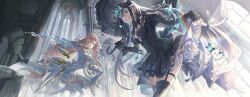 2girls arcaea bare_shoulders black_dress black_gloves black_hair blue_eyes blunt_bangs bow breasts cleavage collarbone crystal_wings detached_wings dress earrings flower garter_straps gloves hair_bow hair_ornament hikari_(arcaea) hikari_(fatalis)_(arcaea) jewelry large_breasts long_hair long_sleeves mechanical_wings medium_breasts multiple_girls pink_bow pink_eyes pink_flower pink_hair sidelocks solo tairitsu_(arcaea) tairitsu_(tempest)_(arcaea) thighhighs thighs user_xcuu2448 white_dress white_gloves white_thighhighs wide_sleeves wings