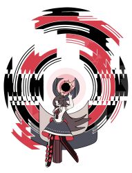 1girl abstract absurdres arm_cannon asymmetrical_footwear bird_wings black_sun brown_hair cape full_body geometric_pattern geometry harano_kaguyama highres index_finger_raised long_hair math mismatched_footwear reiuji_utsuho shirt skirt solo sun third_eye third_eye_on_chest touhou weapon white_background wings
