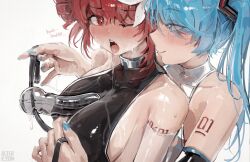 Rule 34 | 2girls, alterkyon, bare shoulders, black leotard, blue eyes, blue hair, blush, breasts, detached sleeves, dildo gag, drill hair, gag, hatsune miku, heattech leotard, highres, kasane teto, large breasts, leotard, looking at another, multiple girls, one eye closed, open mouth, red eyes, red hair, saliva, saliva trail, skindentation, smile, teeth, turtleneck, twin drills, twintails, ungagged, upper teeth only, vocaloid, white background, white leotard, yuri