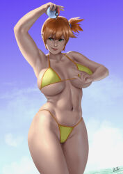 1girl adapted_costume alternate_breast_size artist_name asymmetrical_hair bare_legs bikini blush breasts cowboy_shot crop_top eyelashes female_focus gen_1_pokemon green_eyes gym_leader hair_between_eyes hair_tie highres holding holding_poke_ball irving-zero large_breasts legs looking_at_viewer misty_(pokemon) navel nintendo orange_hair poke_ball pokemon pokemon_rgby ponytail short_hair side_ponytail simple_background smile solo swimsuit thick_thighs thighs thong water wide_hips