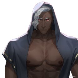 1boy abs ares ares_(hades) artist_name bara bare_pectorals close-up dark-skinned_male dark_skin frown hades_(series) hades_1 highres hood hoodie jacket large_pectorals looking_at_viewer male_focus muscular muscular_male nipples o3tofu open_clothes open_jacket pectorals red_eyes silver_hair solo upper_body